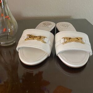 Vince Camuto White Mules with Gold Accent